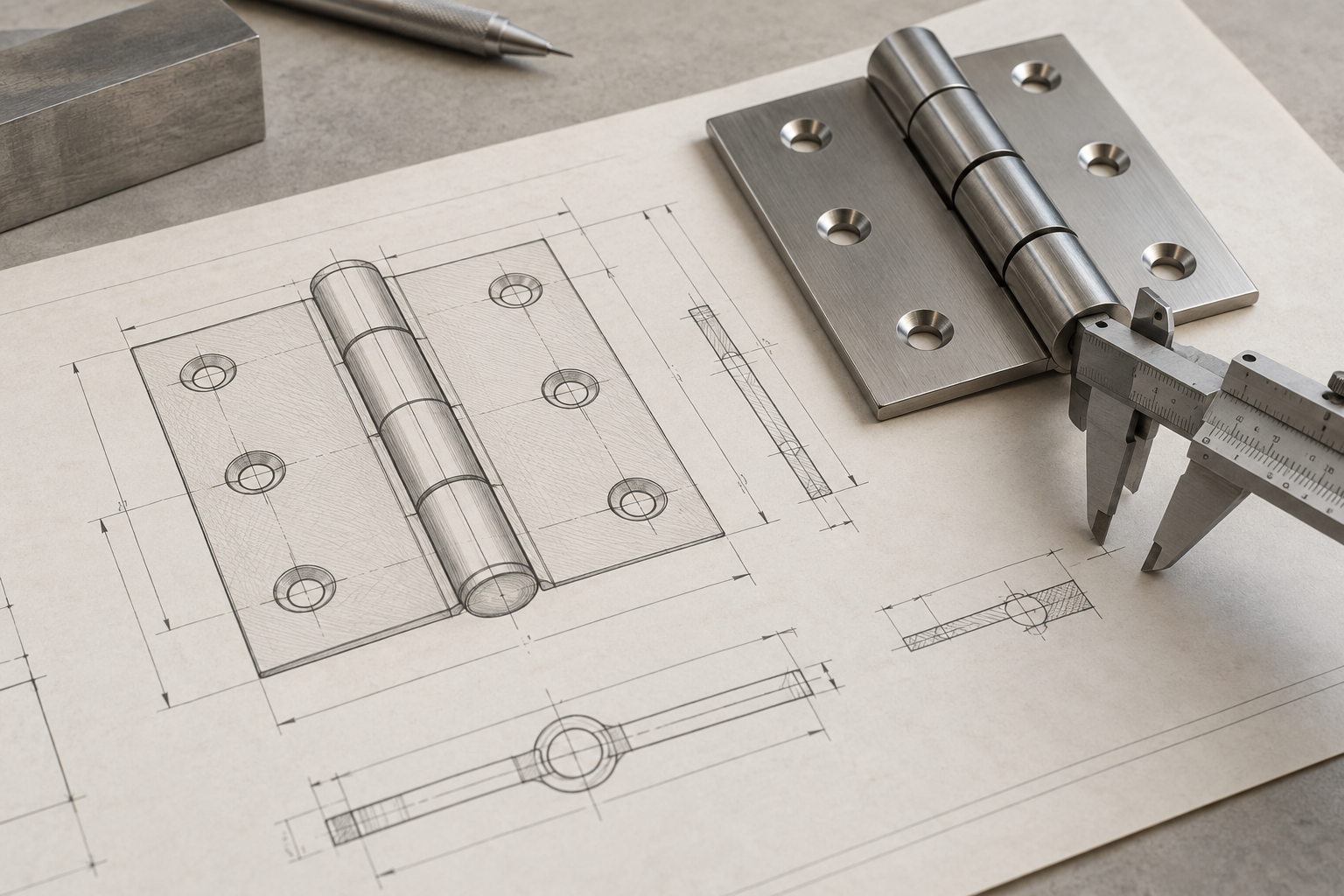 Illustrative hinge development photograph with engineering drawing and caliper